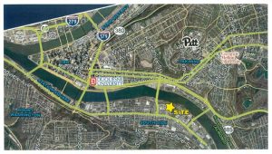 Map showing the location of Duquesne University, Uptown neighborhood, and new site on the South Side