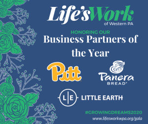 Honoring the 2020 Business Partners of the Year: Pitt Logistics and Printing Services, Panera Bread - BkSq, and Little Earth Productions.